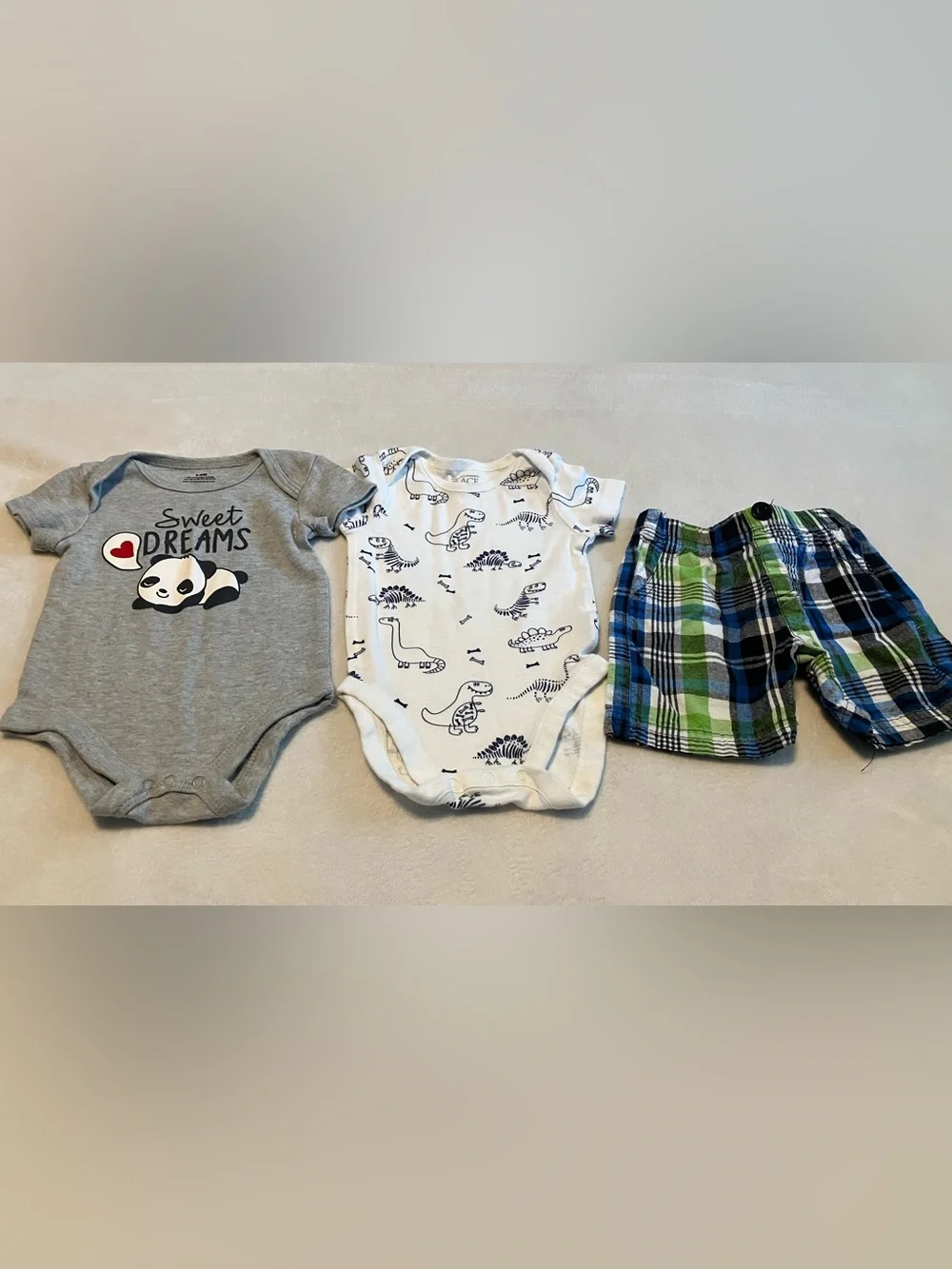 Baby Onesie & Plaid Shorts Set - Panda, Dinosaur, Blue & Green Shorts